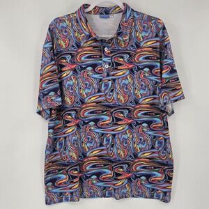 Hreski Polo Shirt Multicolor Psychedelic Swirl Bright Bold Golf Stretch Mens L